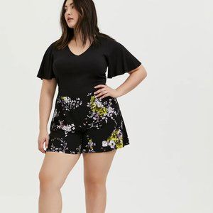 Torrid Black Floral Challis Flutter Sleeve Romper